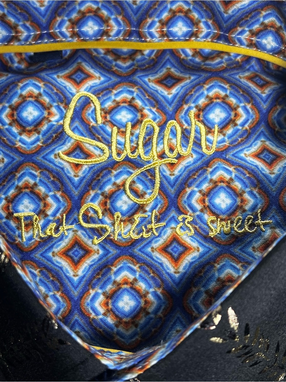 SUGAR Black button down dress shirt gold Medallion Print and mustard Yellow